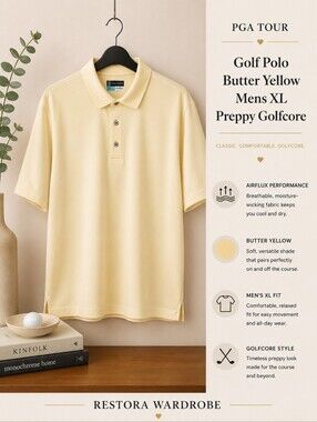PGA Tour Airflux Butter Yellow Golf Polo Shirt Men's XL Performance